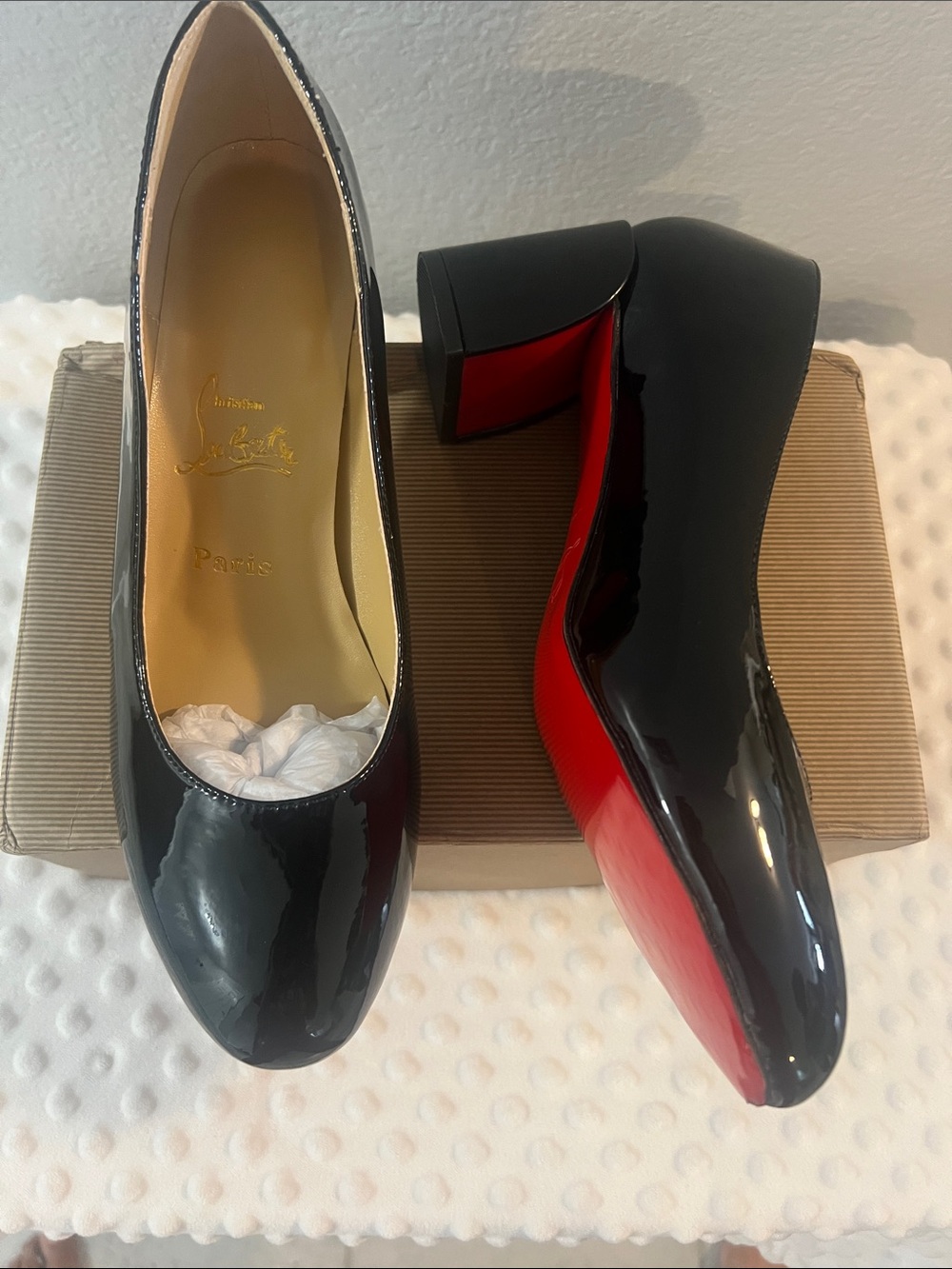 Christian Louboutin Black Patent Leather Block Heel Pumps with Red Sole